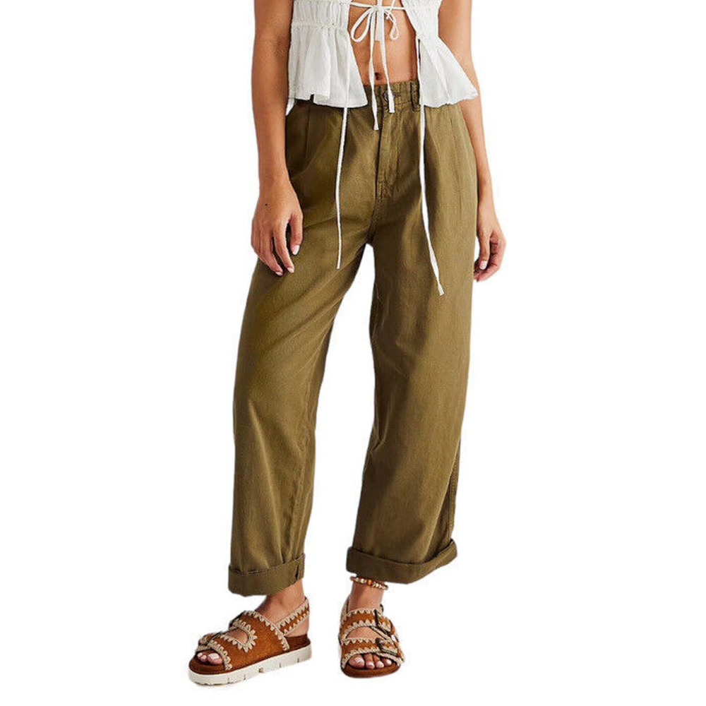 FREE PEOPLE Addy Chino Wide Leg Pants High Rise Straight Green Size 12 Large